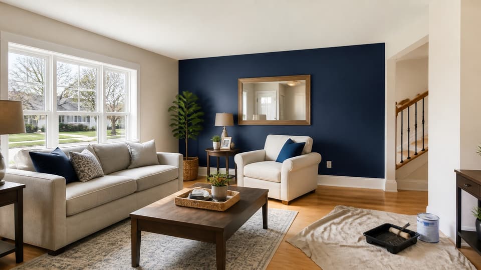 Freshly painted living room with a deep navy accent wall, crisp white baseboards and trim, light beige walls, and a paint tray and roller on a drop cloth